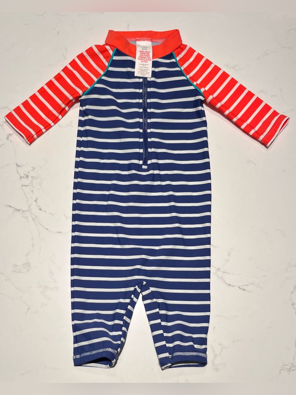 Baby Boden • 6-12 Months • Navy, Orange & White Striped Rashguard One Piece